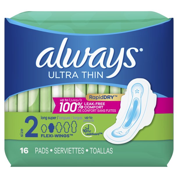 Always Ultra Thin Super Pads with Wings, Unscented, Size 2, 16 Ct