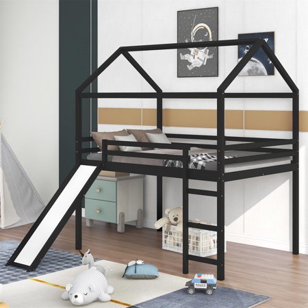 Full Size Loft Bed with Slide  House Bed with Safety Guard Rails & Ladder  Wooden Loft Bed Playhouse Bed with Roof for Girls Boys  No Box Spring Needed  Espresso