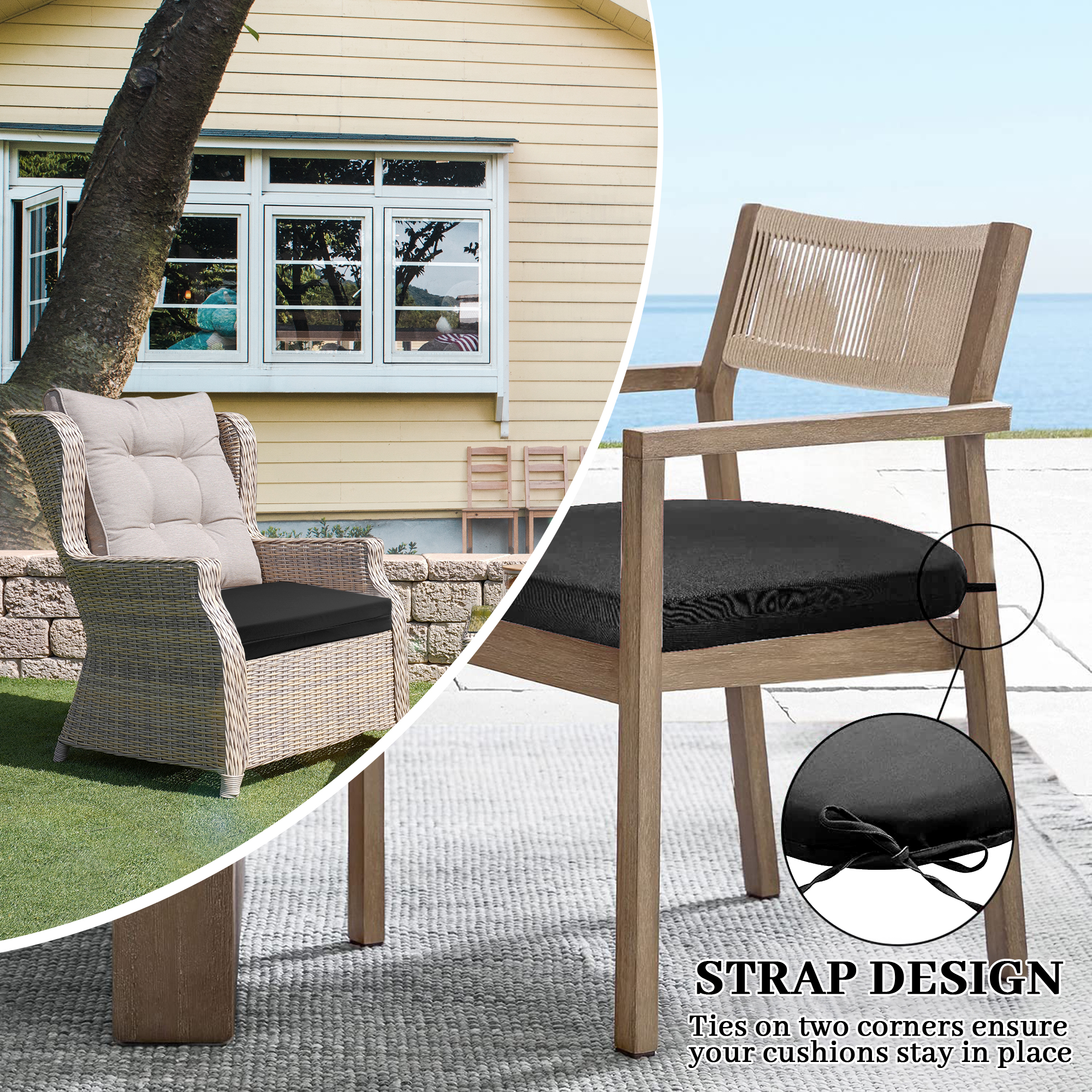 UNIKOME Outdoor Patio Chair Cushions Pack of 4,Water Resistant Patio Decor Chair Seat Cushions with Ties, Sponge Filling Round Corner Seat Cushions for Backyard Patio Chair, 17"x16"x2", Black