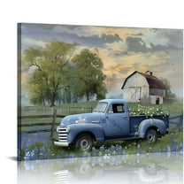 JRXY Farmhouse Old Truck Canvas Wall Art, Old Barn Pictures Wall Art, Country Antique Pickup Truck Canvas Prints, Blue Truck With White Petunias Art Prints for Farmhouse Spring Decor 20x16in