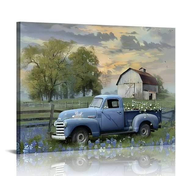 JRXY Farmhouse Old Truck Canvas Wall Art, Old Barn Pictures Wall Art, Country Antique Pickup Truck Canvas Prints, Blue Truck With White Petunias Art Prints for Farmhouse Spring Decor 20x16in
