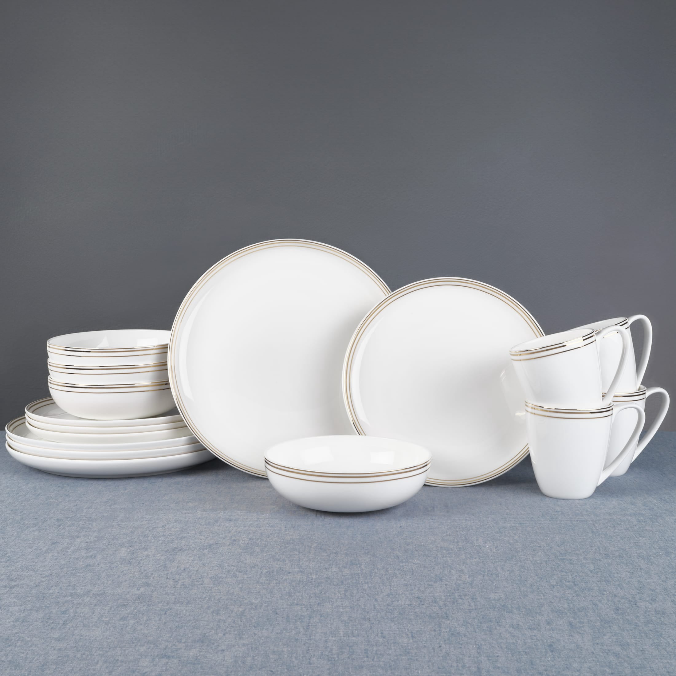 Fitz and Floyd Nevaeh Coupe Gold Bands 16-Piece White Bone China Tableware Set (service for 4)