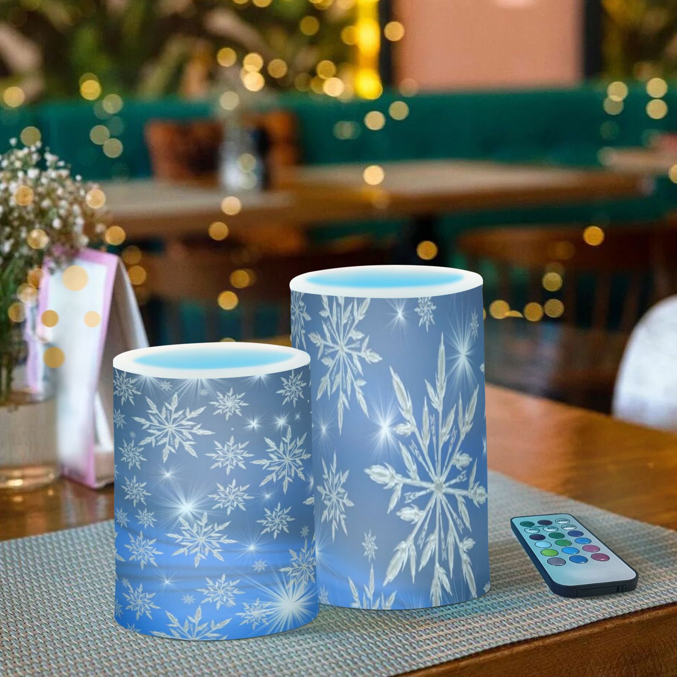 Christmas Blue Snowflakes Flickering Flameless Candles Battery Operated with Remote Timer LED Pillar Candles Set of 2
