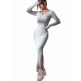 thumbnail image 4 of Women'S Casual Long Sleeve Collar V Neck Maxi Sweater Dress Slit Thigh Ribbed Knit Bodycon Pencil Dresses Gray L, 4 of 9
