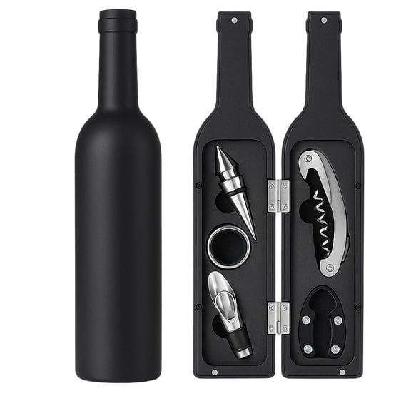 5-Piece Wine Accessories Gift Set with Bottle-Shaped Case – Corkscrew, Foil Cutter, Drip Ring, Pourer and Stopper – Great Gift for Wine Lovers