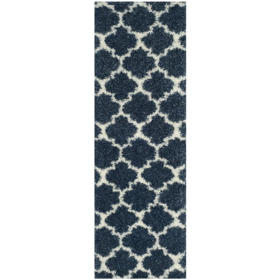 SAFAVIEH Montreal Lennart Geometric Quatrefoils Shag Runner Rug, Blue/Ivory, 2'3" x 9'