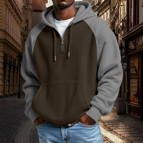 QHRMKOG Mens Sweatshirts Color Block Long Sleeve 1/4 Zipper Hoodies Loose Fit Waffle Knit Streatwear Winter Fashion Warm Fleece Tops Brown L