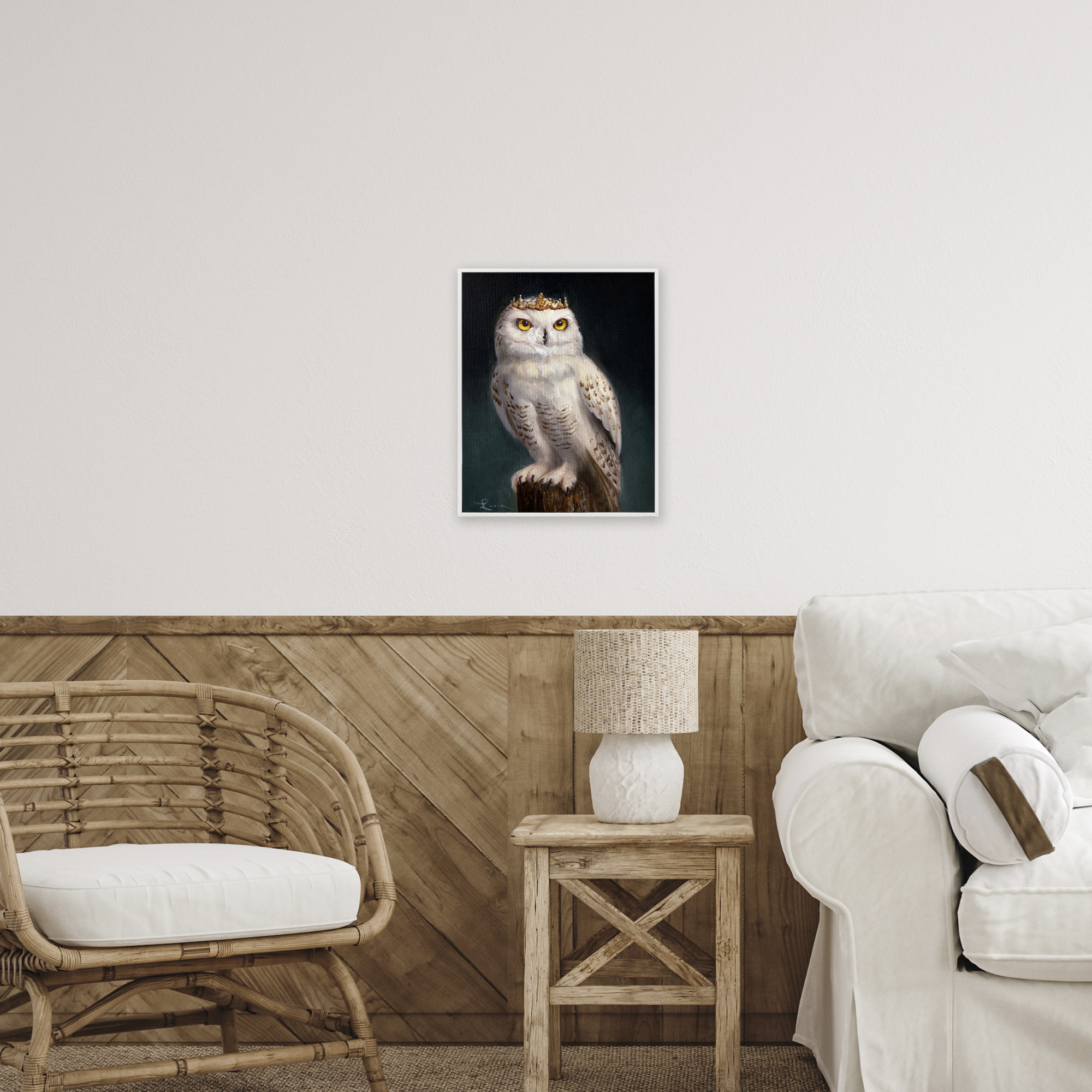 Snowy Owl King White Framed Giclee Art, design by Lucia Heffernan