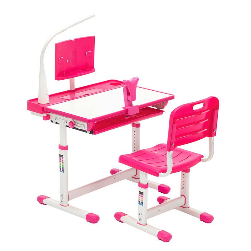 SJENERT Height Adjustable Childrens Desk Set Study Drawing w/Lamp Learning Table and Chair Set