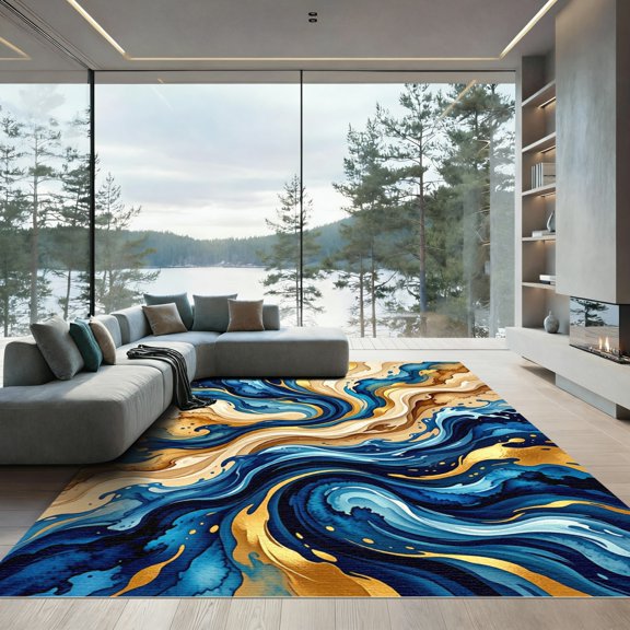 ODIKA 4' x 6' Machine Washable Non-Slip Area Rug, abstract print High Traffic Rug, Blue, 1237675