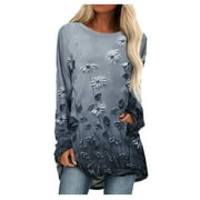 sebulube Women's Pullover Round Neck Long Positioning Flower Print Long Sleeve Top