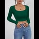 thumbnail image 4 of Tops Cortos de Larga para Mujer, con Cuello Cuadrado Acanalado, Ajustados, Informales, A para Dama Verde Oscuro L, 4 of 7