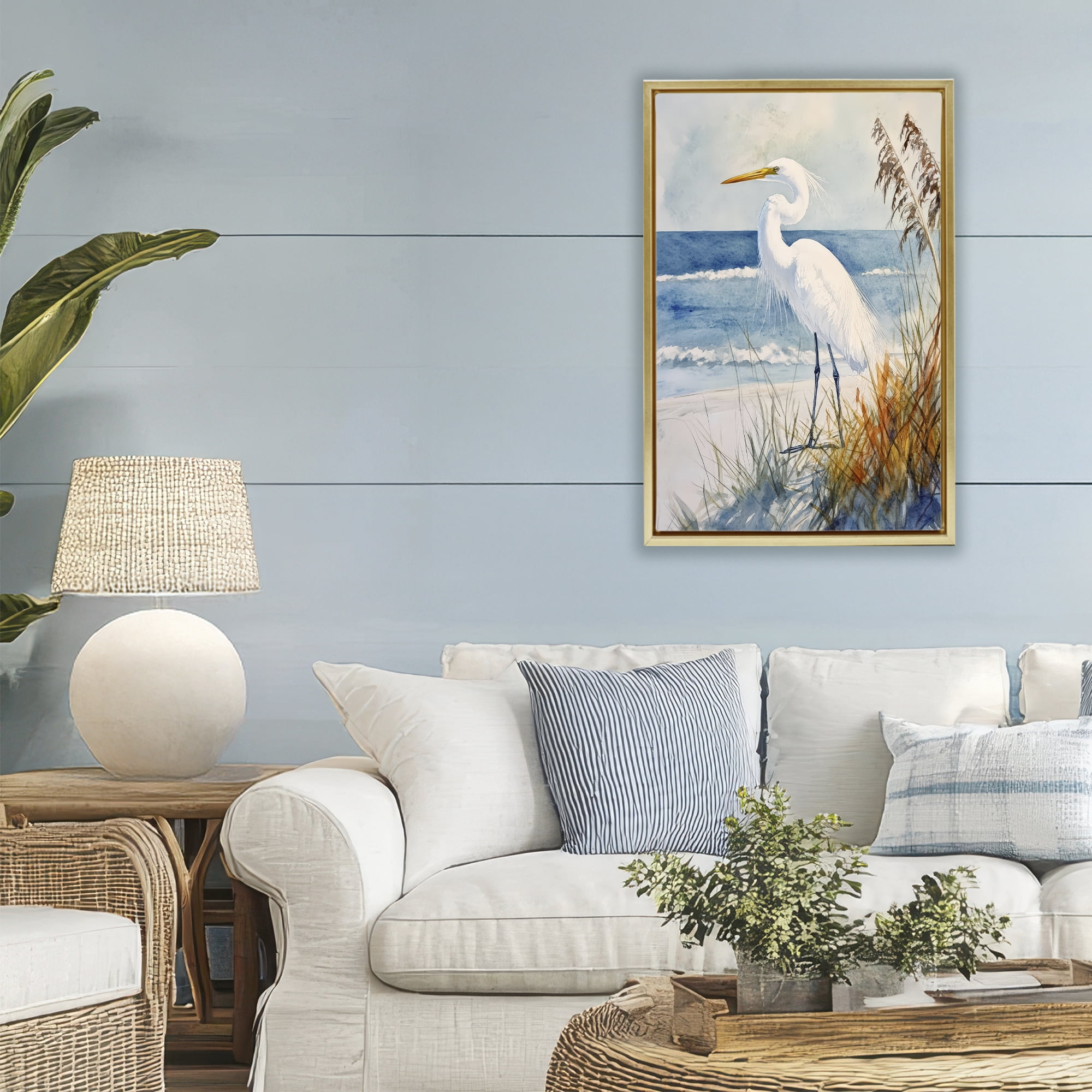 Stupell Industries Egret By The Waves Gold Framed Floater Canvas Wall Art, design by Petal Prints Design