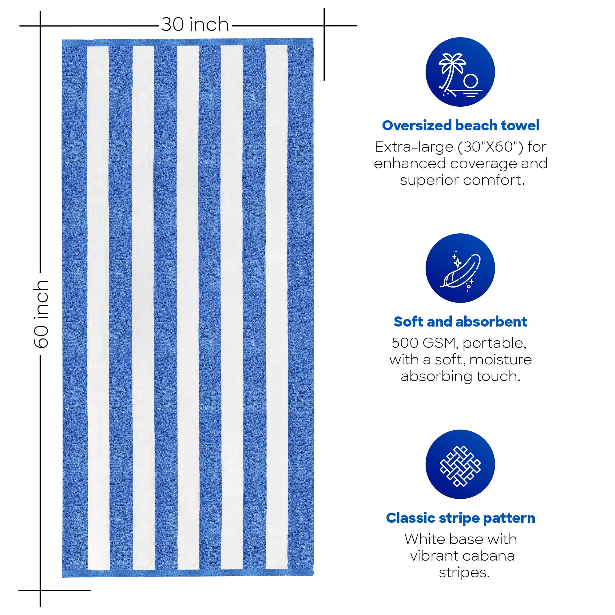 Bliss Casa 100% Cotton Beach Towels (4 Pack, 30 x 60 Inch) - Extra Soft & Highly Absorbent Summer Pool Towel Oversized Cabana Stripe (Blue/ Grey)