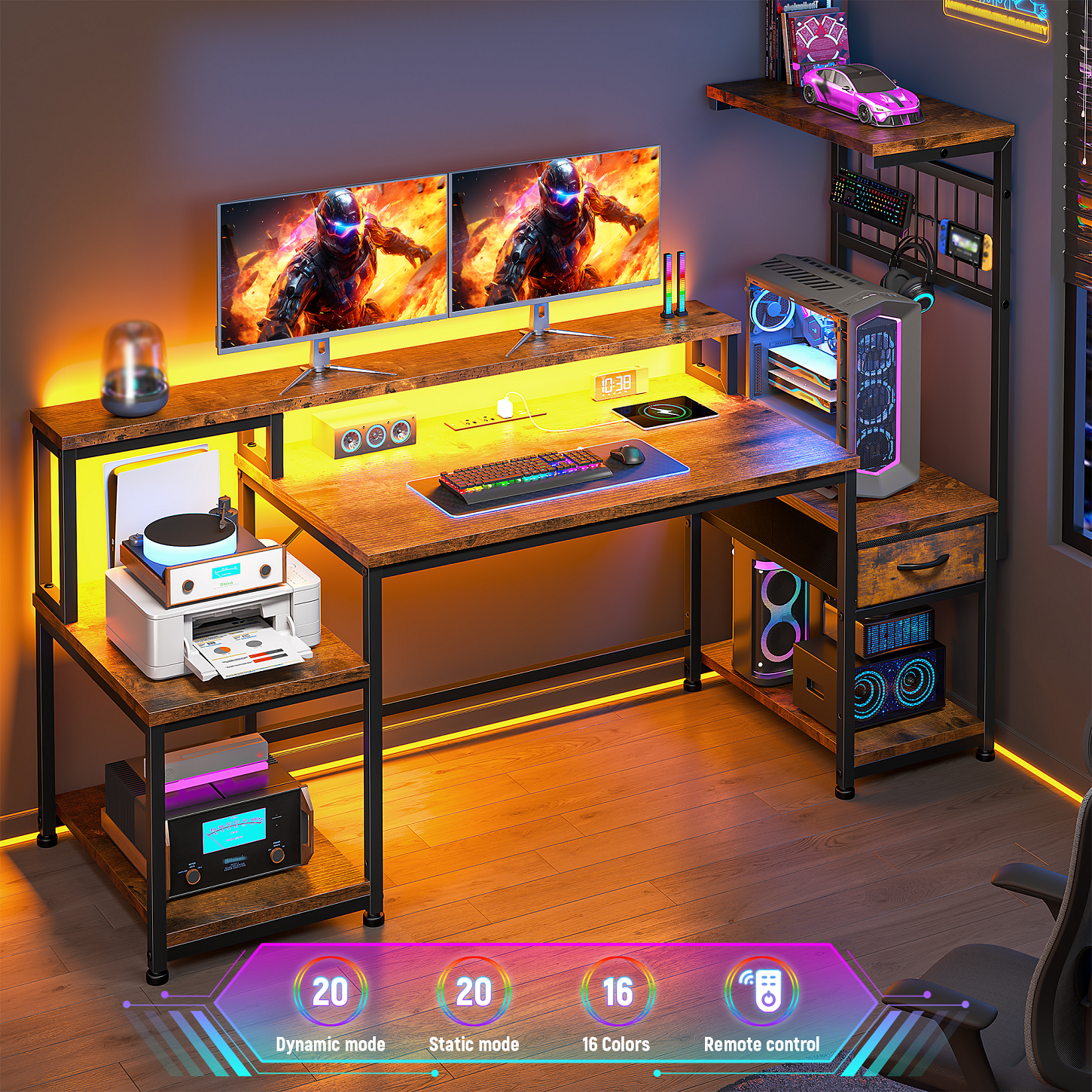 Romorgniz 55"W Gaming Desk Computer Desk with Hutch Corner Desk with LED Lights， Outlets & Monitor Stand for Gaming,Studying,Home Office Desks,Rustic Brown