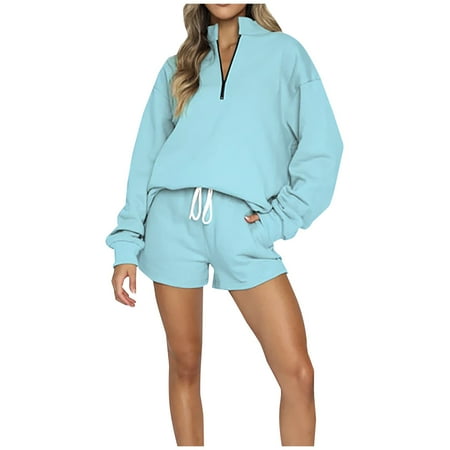 RQYYD Lounge Sets for Women 2 Piece Outfits Sweatsuit Oversized Half Zip Collared Sweatshirt & Short Set Lounge Wear Tracksuit Set Fall Outfits for Women 2023