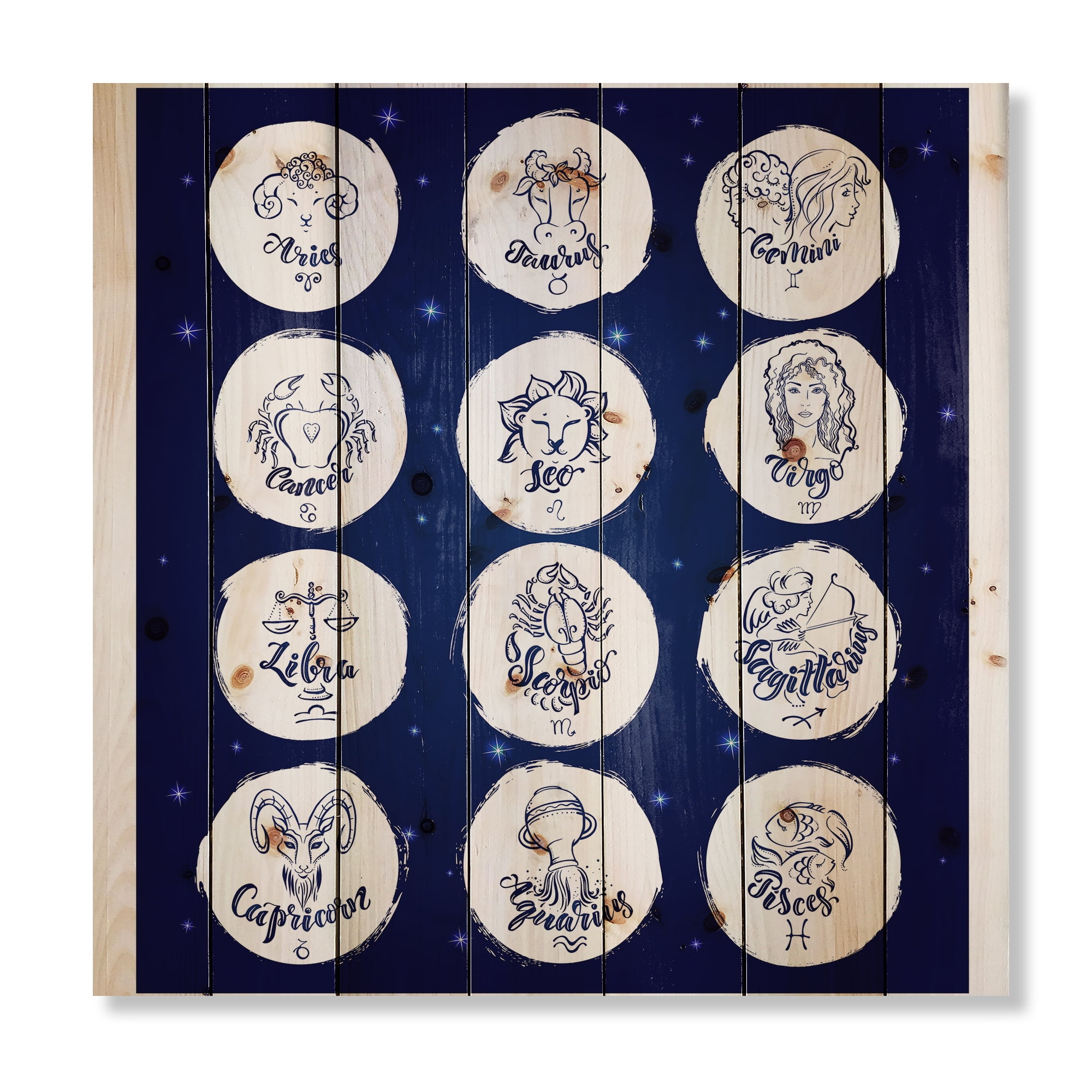 Designart 'Zodiac Diagram & Signs On Blue' Modern Print on Natural Pine Wood