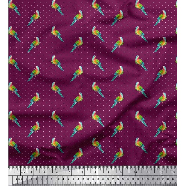 Soimoi Poly Georgette Fabric Dot & Parrot Bird Decor Fabric Printed Yard 52 Inch Wide
