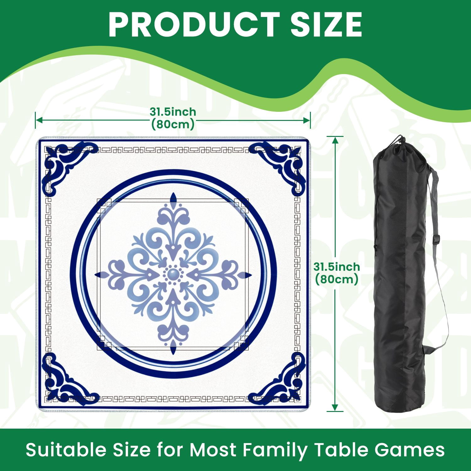 Mahjong Mat 31.5" x 31.5" Blue White Ornamental Tile Design Floral Non-Slip Noise Reduction American Mahjong Tiles Table Cover for Dominoes Poker Card Board Games Gift