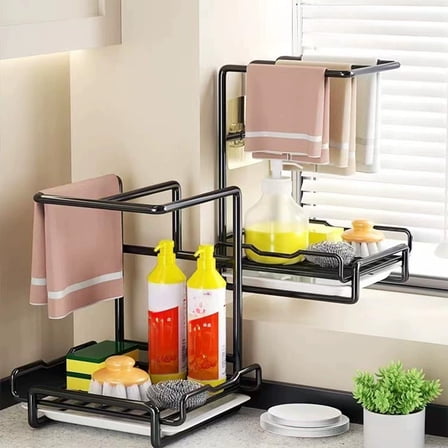 Btomtd Hole-Free Dishcloth Drying and Storage Rack, Countertop or Wall Mounted Sponge Towel Organizer Shelf, Kitchen Supplies Storage Shelves 11"W x 6"D x 8"H, Black
