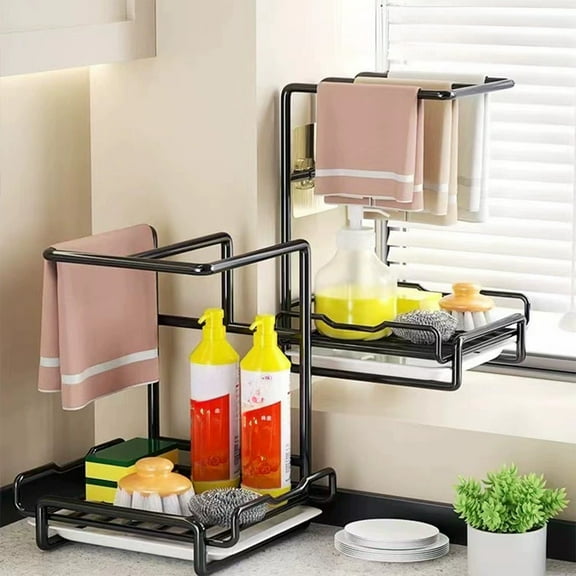 Btomtd Hole-Free Dishcloth Drying and Storage Rack, Countertop or Wall Mounted Sponge Towel Organizer Shelf, Kitchen Supplies Storage Shelves 11"W x 6"D x 8"H, Black