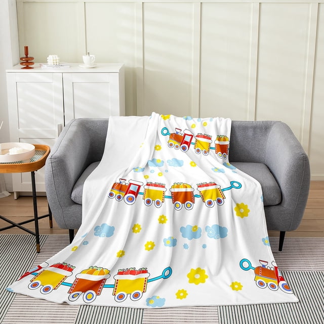Erosebridal Cartoon Bus Car Flannel Blanket, Construction Vehicle Sherpa Throw, Colorful Flower Decor