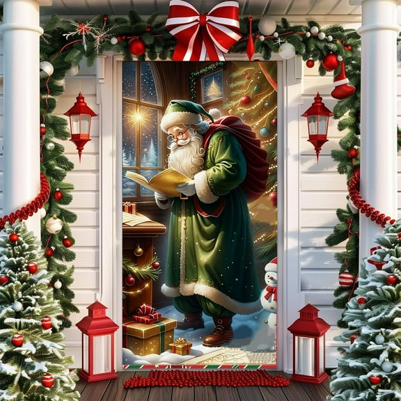 Oioii 35x71 Inch Christmas Door Cover, Front Door Covers Holiday Wall Decorations Merry Xmas Santa Backdrop Banner for Indoor Outdoor Office Classroom Home Decor