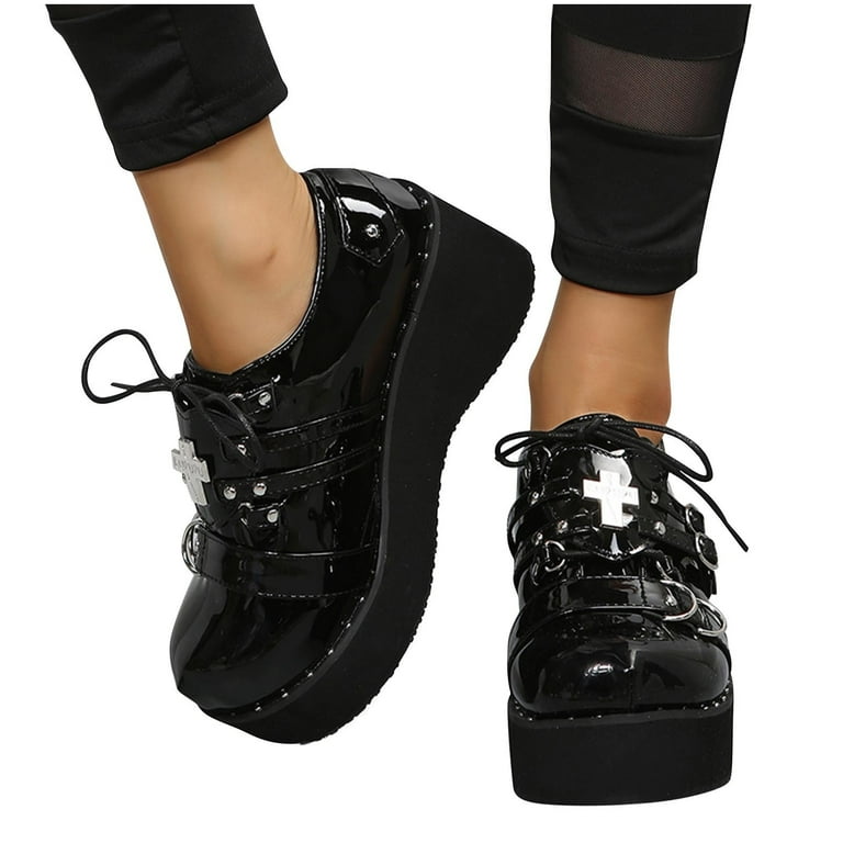 Womens lady Shoes Lace Up Chunky Heel Platform Punk Goth Creeper