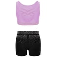 thumbnail image 2 of inhzoy Kids Girls Ballet Yoga Dance Athletic Outfit 2 Piece Rhinestone Crop Top V-front Shorts Set Light Purple+Black 6, 2 of 6