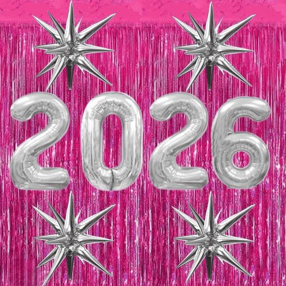 PMU 12 Pc Set Congrats Grad Balloon | Grad Balloons 2026 Silver Balloons with Hot Pink Curtain Backdrop | Graduation Decoration Mylar