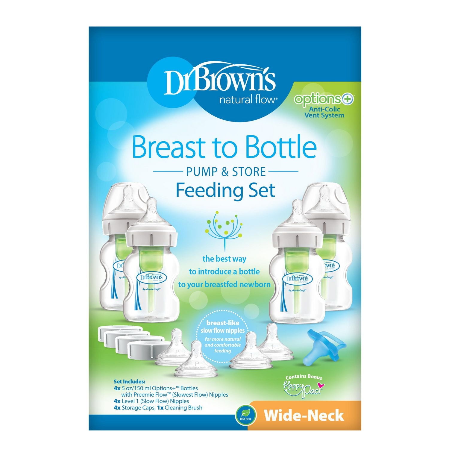Dr. Brown's Natural Flow Anti-Colic Options+ Wide-Neck Breast to Bottle Pump and Store Feeding Set, 5 oz