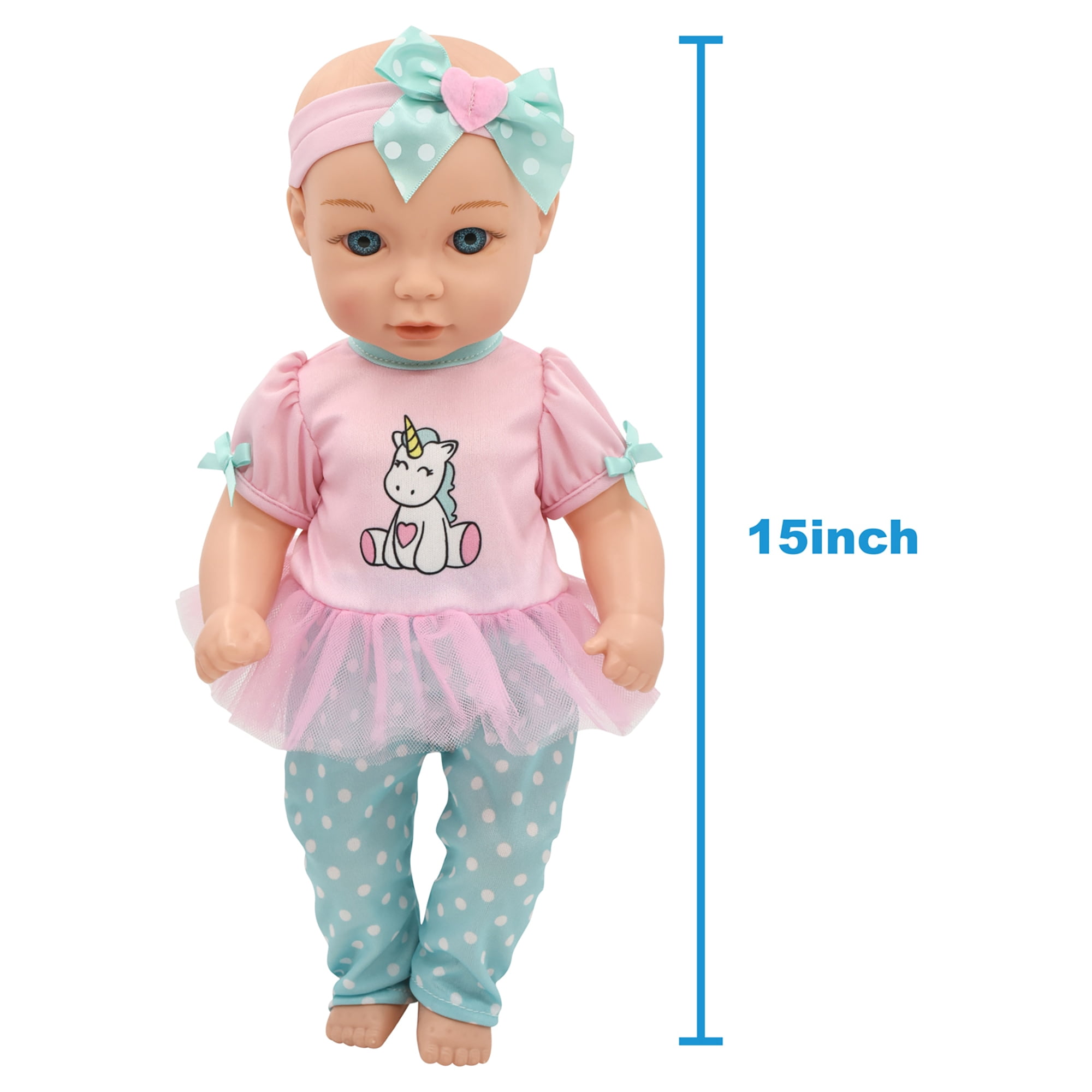 Little Darlings: 15" Hop On Baby Set - Unicorn, Pink, Green - Hard Body Baby Doll, Large Plush Unicorn, Hat & Accessories, New Adventures, Kids Age 3+