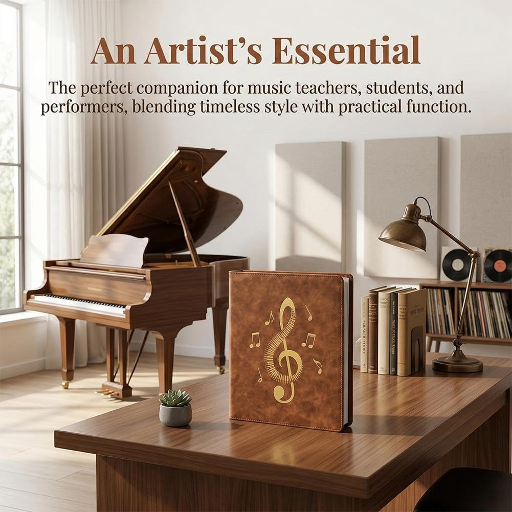 Expandable 40-Page Sheet Music Folder for Piano, A4/A3 Spiral Binder 270x325mm, PU Leather Organizer with 20 Sleeves, Lies Flat for Performance(wwx)