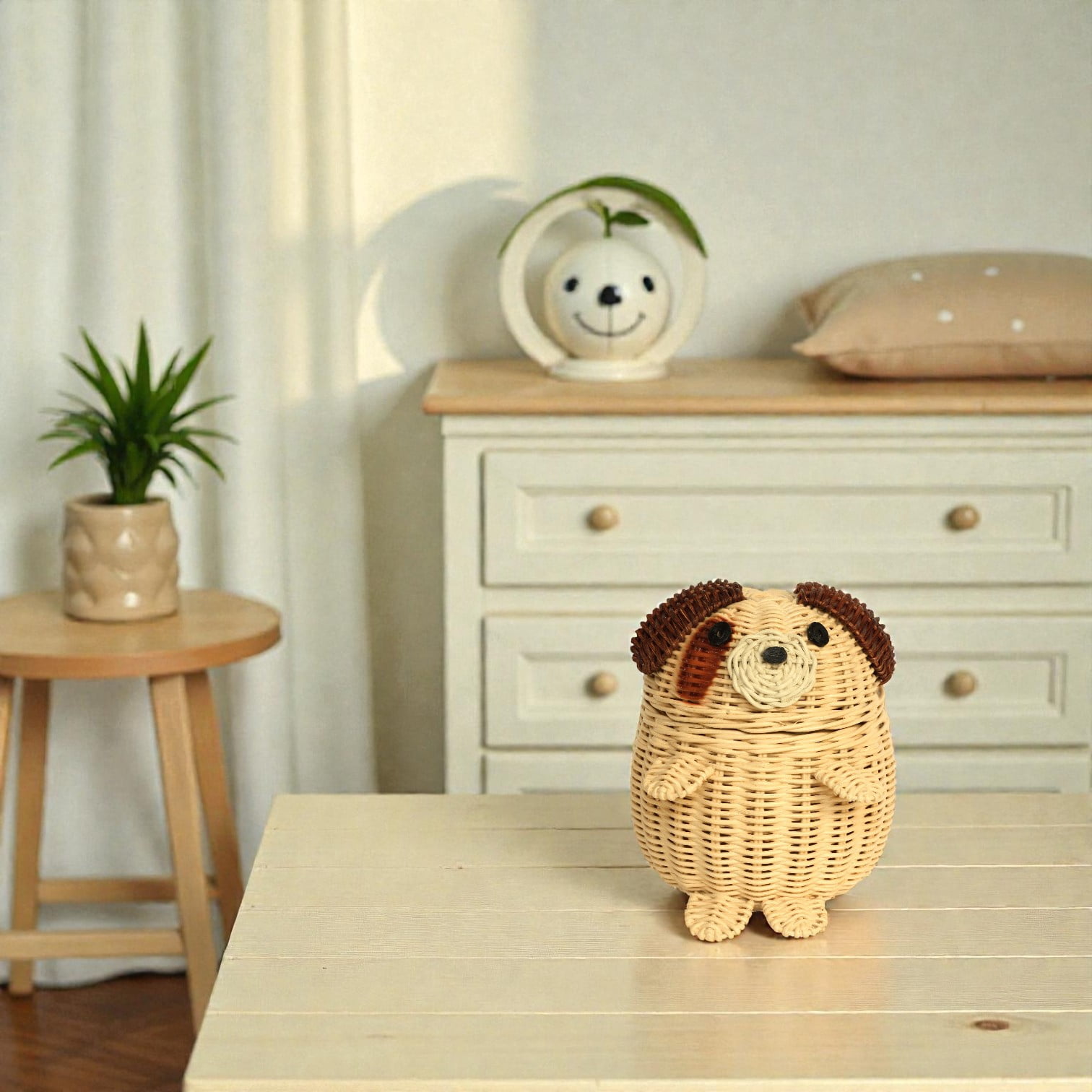 Dog Rattan Storage Basket with Lid Decorative Home Decor Hand Woven Shelf Organizer Cute Handmade Handcrafted Gift Art Decoration Artwork Wicker Puppy