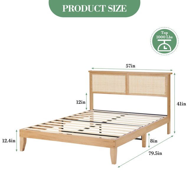 EDTara Rattan Bed Frame with LED Lights,Natural Rattan Headboard, Solid Wood Foundation with Silent Slats, Platform Full Size Bed Frame, Noise-Free, No Box Spring Needed, Easy Assembly