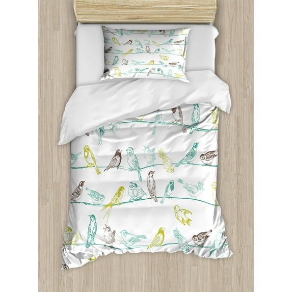 Birds Duvet Cover Set Twin Size, Various Type of Birds Sitting and Chirping on Wires Musical Creatures Print, Decorative 2 Piece Bedding Set with 1 Pillow Sham, Pale Green Brown, by Ambesonne