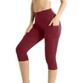 thumbnail image 2 of Capri Leggings for Women High Waisted Tummy Control Workout Yoga Pants with Pockets for Running Gym Fitness Tights Wine L, 2 of 6