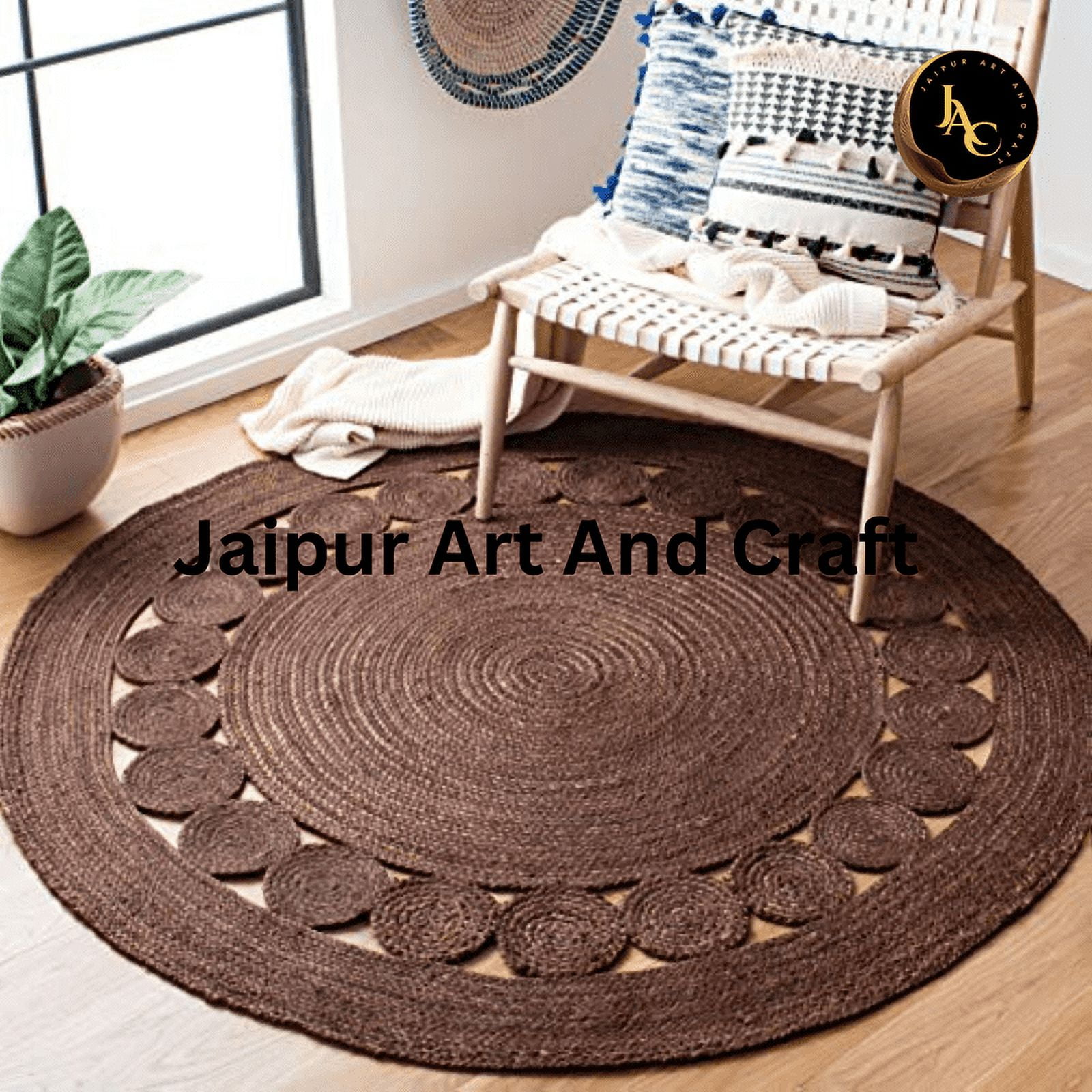 Jaipur Art And Craft Hand Braided Bohemian Jute Area Rug Brown Round Indian Reversible Indoor Carpet (8x8 Sq Ft)