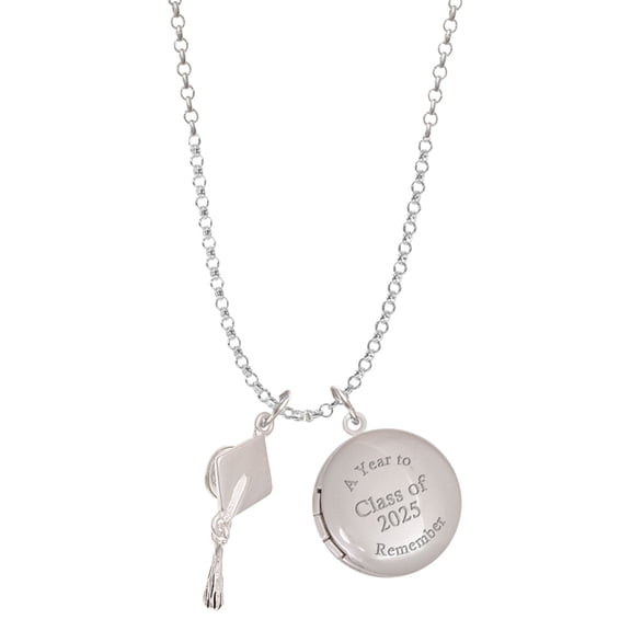 Delight Jewelry Silver-tone 3-D Graduation Hat - Class of 2025 Year to Remember Locket Charm Necklace, 19 2" Extender