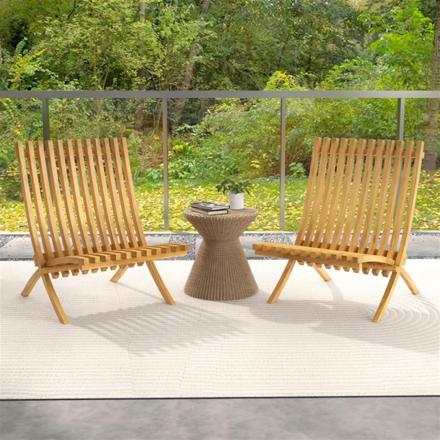 Demi Bonn Folding Teak Wood Outdoor Lounge Chair with Slatted Seat and Backrest, Patio Accent Furniture Dining Chairs for Yard, Garden, Beige