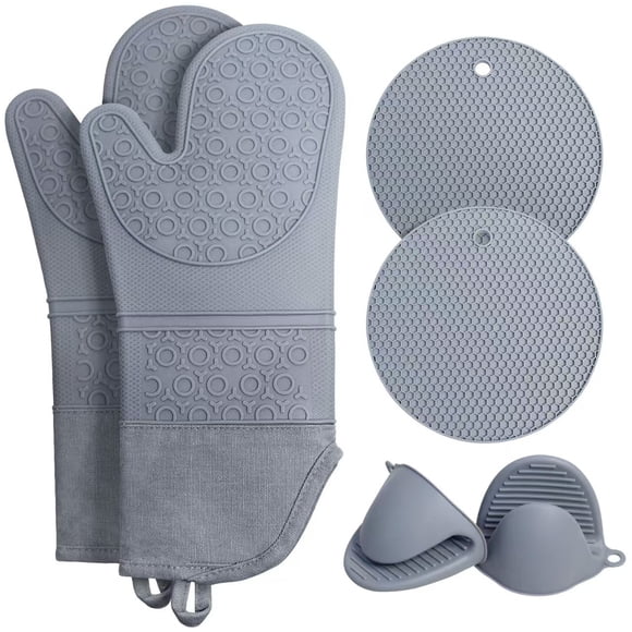 Juego de 6 manoplas y agarraderas para horno de cocina, de silicona extralarga, resistentes al calor (500 grados), antideslizantes, para hornear y cocinar, color gris.