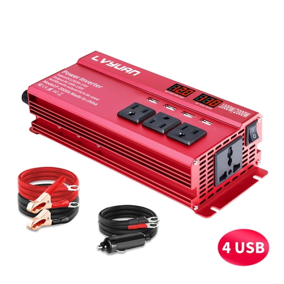 1000W 2000W Peak Power Inverter DC 12V to AC 110V, 4 AC Outlets & 4 USB Ports, Modified Sine Wave Car Inverter for RV, Truck, Camping, Home Red