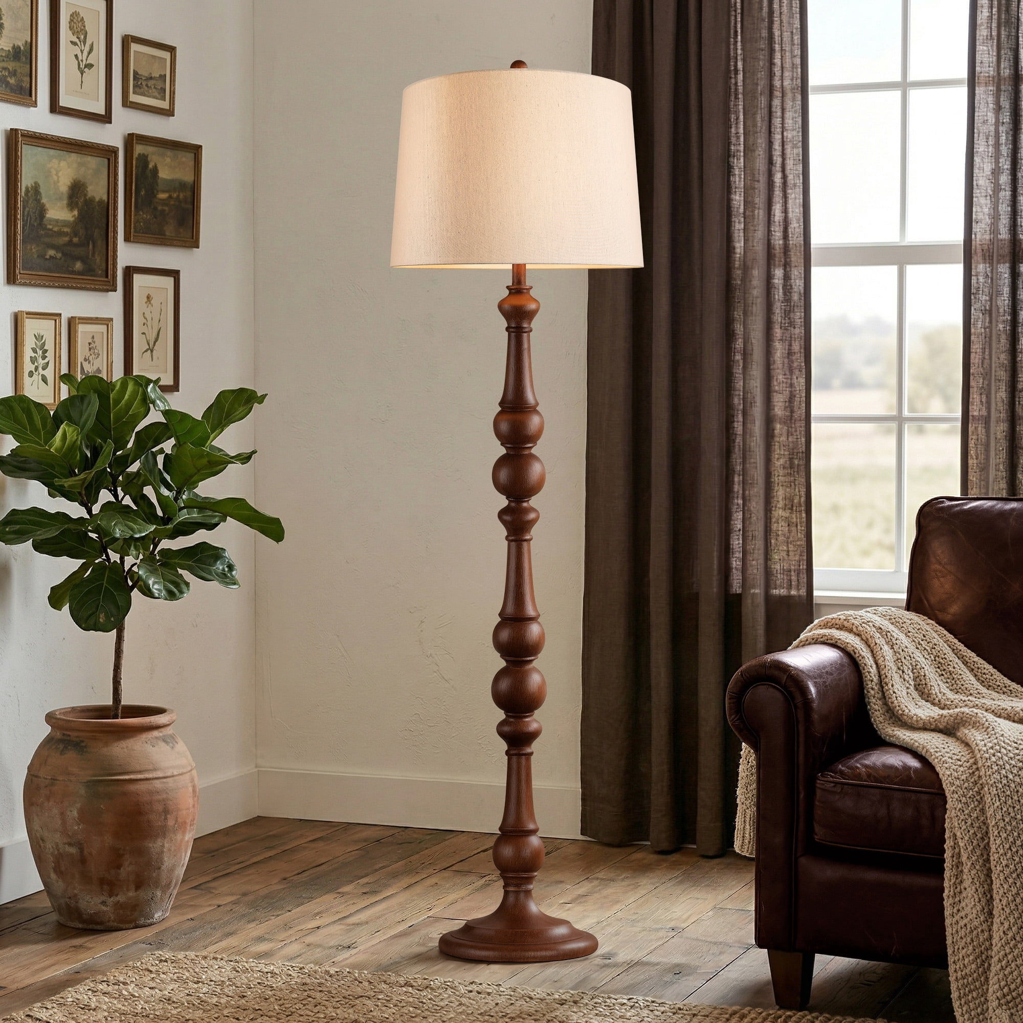 64” Vintage Spindle Floor Lamp for Living Room, Mid-Century Tall Standing Lamp with Drum Linen Shade for Bedroom, Office(Bulb Included)