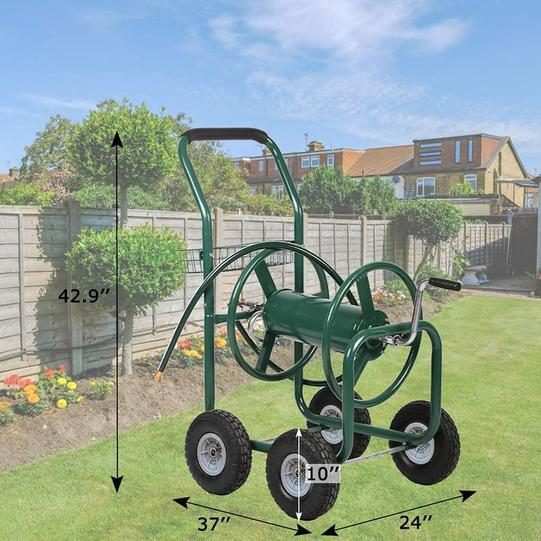 NiamVelo Garden Hose Reel Cart with Wheels, Water Hose Reel Cart Heavy Duty Hose  Reels for Outdoor Yard Lawn with Storage Basket, Green 
