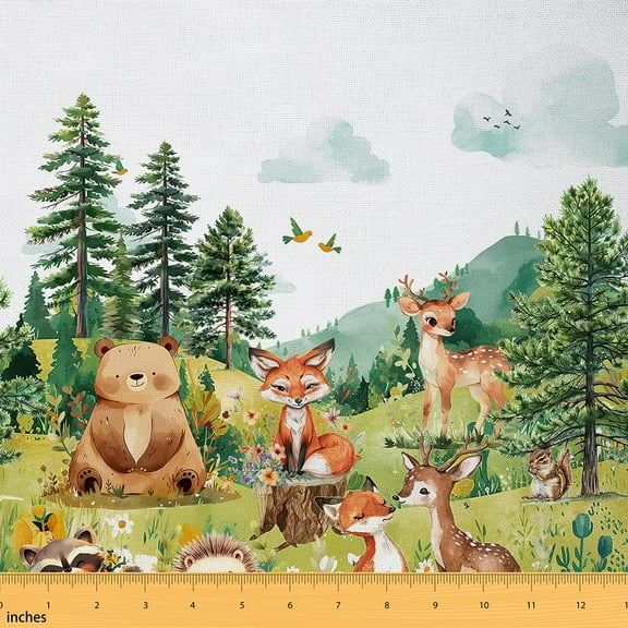 Feelyou Child Kawaii Animal Fabric by the Yard 1 Yard, Deer Bear Fox Home Decor Fabric by the Yard, Woodland Wildlife Sewing Fabric, Super Cozy Room Decor