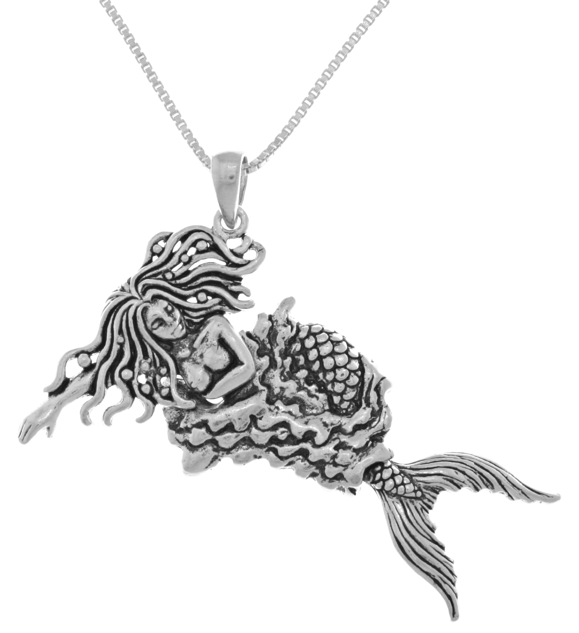 Jewelry Trends Sterling Silver Moveable Swimming Mermaid Pendant on 18 Inch Box Chain Necklace by