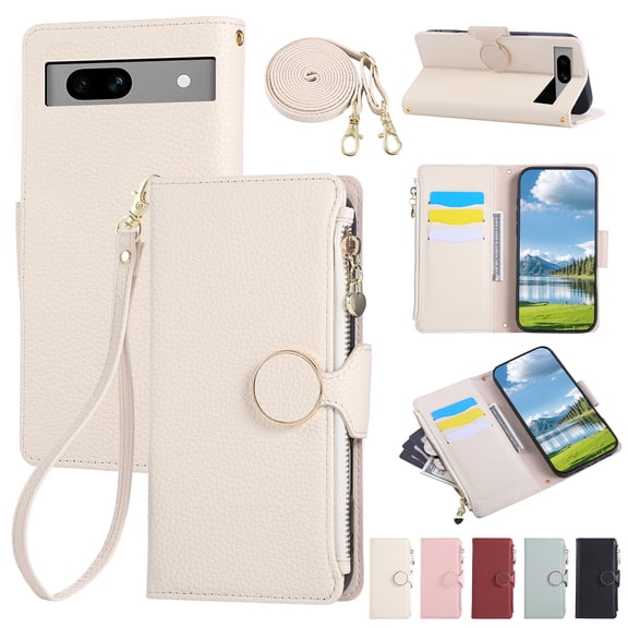Allytechgroup Wallet Case for Google Pixel 9, Zipper Pocket Phone Case with Card Slots, Crossbody Strap, Magnetic Closure Shockproof PU Leather Flip Folio Case for Girls Women, Beige