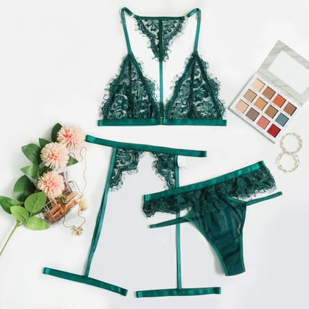 

CFXNMZGR Lingerie For Women Lace Wireless Bra Underwear G-String Garter Set Green Lingerie Nightgowns For Women