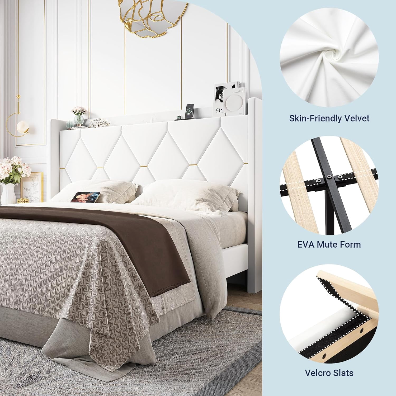 Allewie Velvet Full Upholstered Bed Frame with Wingback Storage Headboard & Charging Station, Platform Bed with Diamond Tufted Design & Gold Trim, No Box Spring Needed, Easy Assembly, White