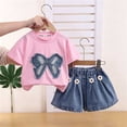 thumbnail image 7 of YHAJDS Girl 2 Piece Summer Outfits Bow Short Sleeve Crewneck Tee Elastic Waist Jeans Shorts Set, 7 of 7